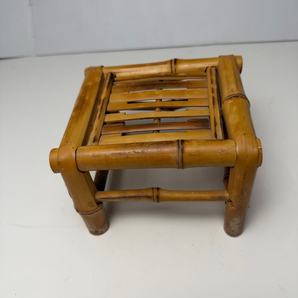 VTG Bamboo Plant Stand Riser Boho Tiki Decor Mid Century Mini Stool 6x5 Beachy